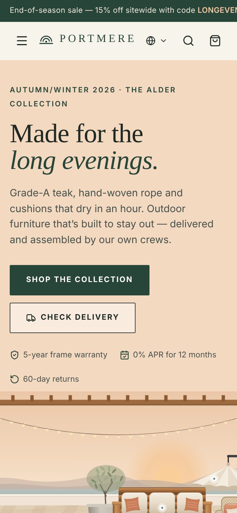 Outdoor furniture DTC brand store · Brand home page mobile screenshot