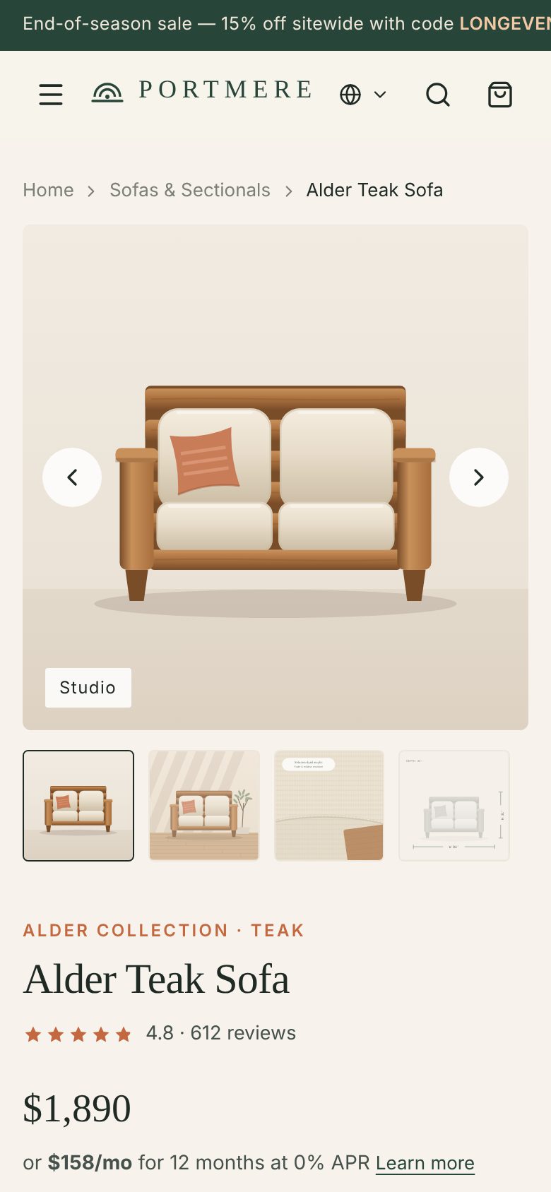 Outdoor furniture DTC brand store · Product details and options mobile screenshot