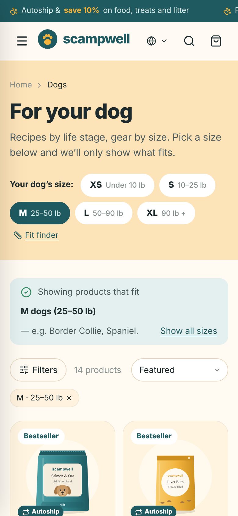 Pet supplies DTC store · Shop by pet and size mobile screenshot