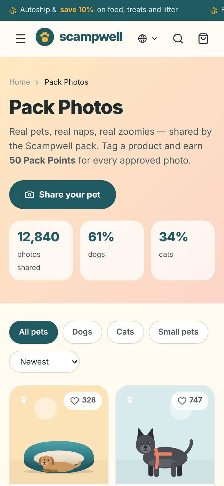 Pet supplies DTC store · Customer photo community mobile screenshot