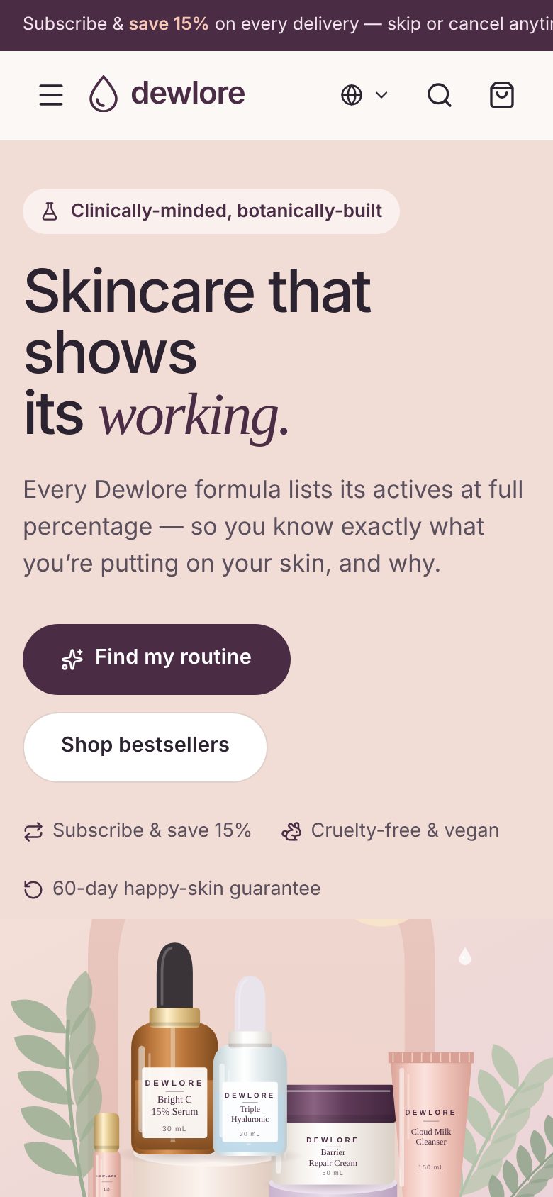 Skincare DTC brand store · Brand home page mobile screenshot