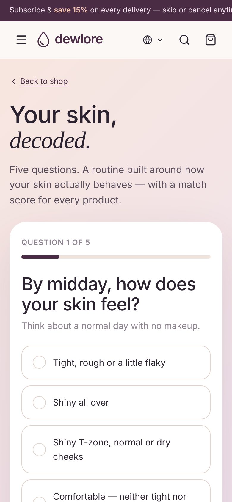 Skincare DTC brand store · Skin quiz mobile screenshot