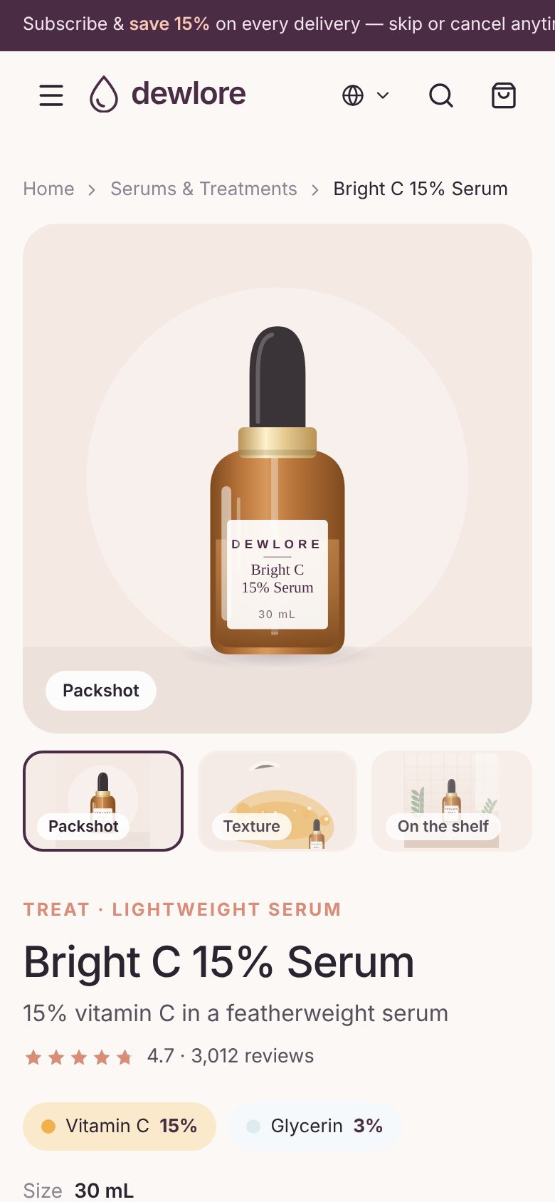 Skincare DTC brand store · Product details and ingredients mobile screenshot