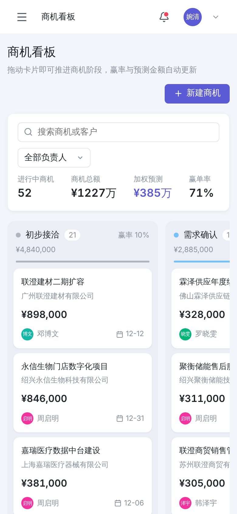 Sales and customer management system (CRM) · Opportunity board mobile screenshot