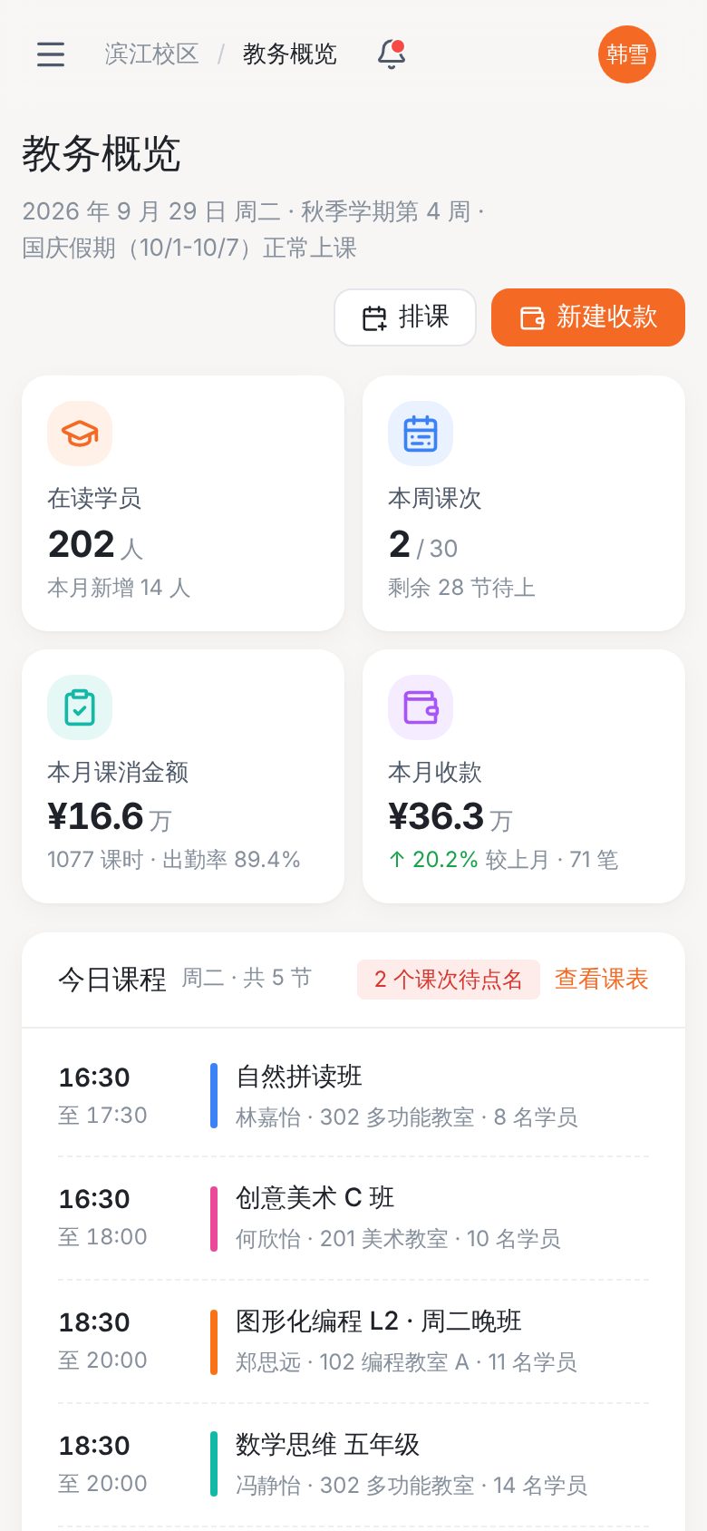 培训机构教务管理系统 · 教务概览 手机截图