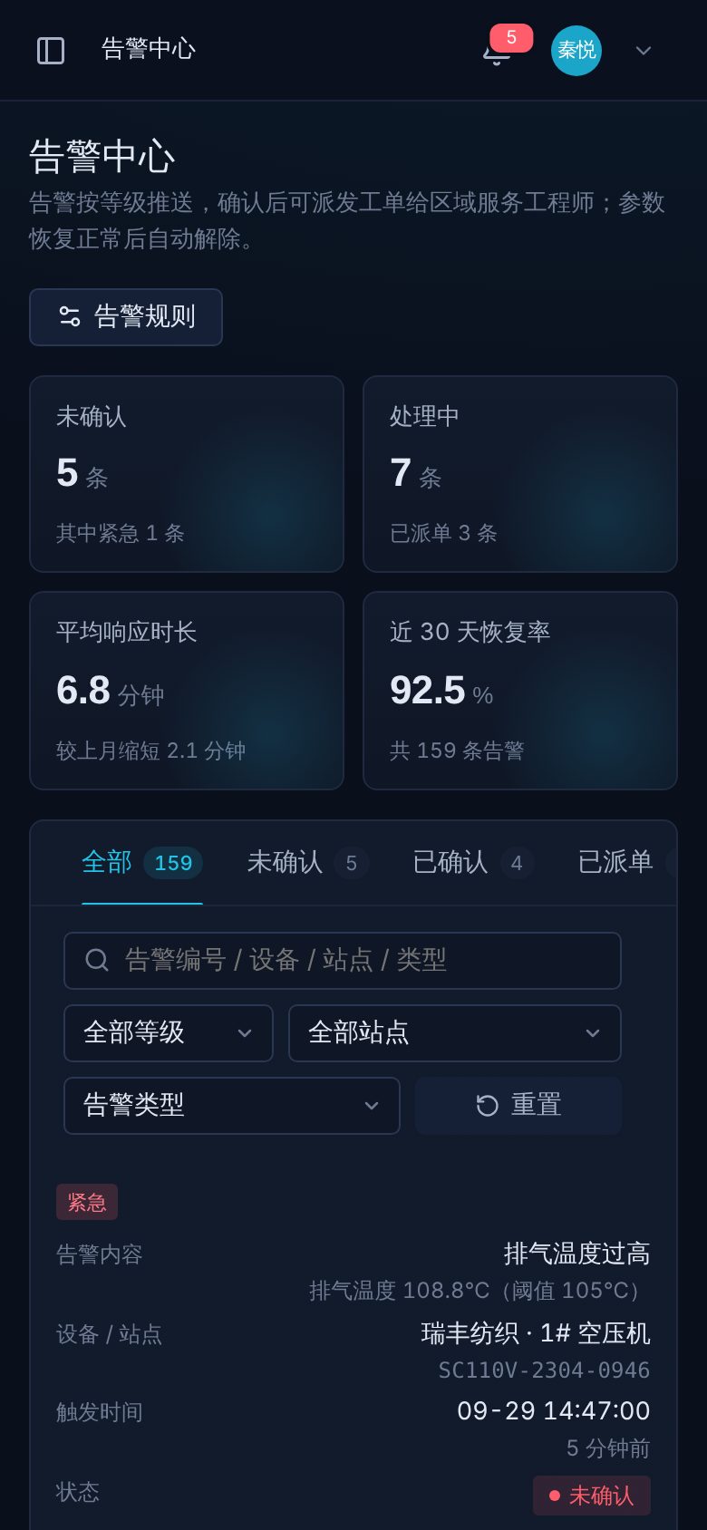 设备远程运维监控平台 · 告警中心 手机截图
