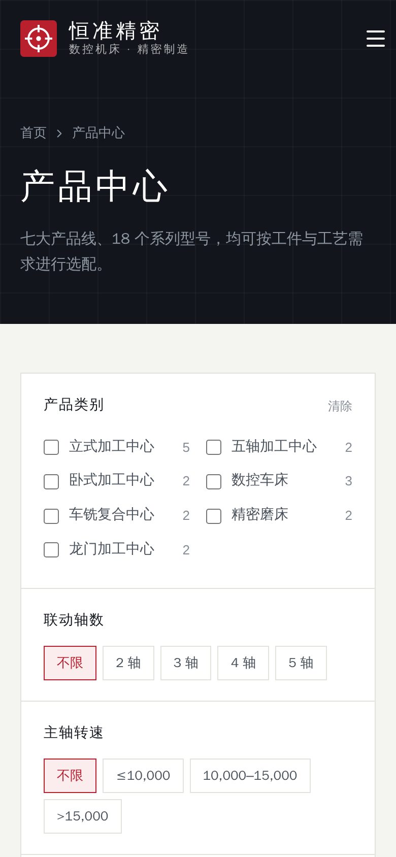 精密机械制造企业官网 · 产品中心 手机截图