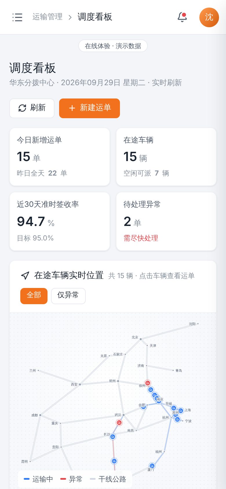 Transportation management system (TMS) · Dispatch board mobile screenshot