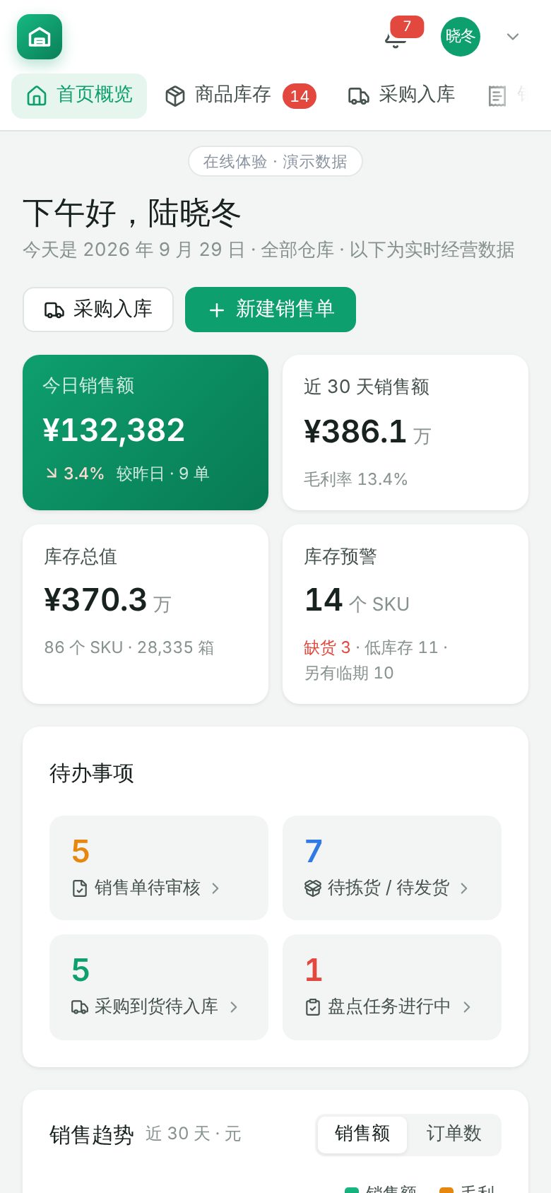 进销存与仓储管理系统 · 首页概览 手机截图